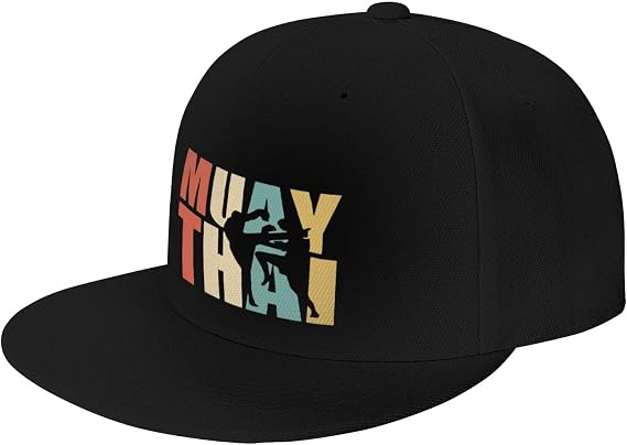 Muay Thai Word with Silhouette Flat Bill Visor Snapback Hat Adjustable Brim High Top Baseball Cap
