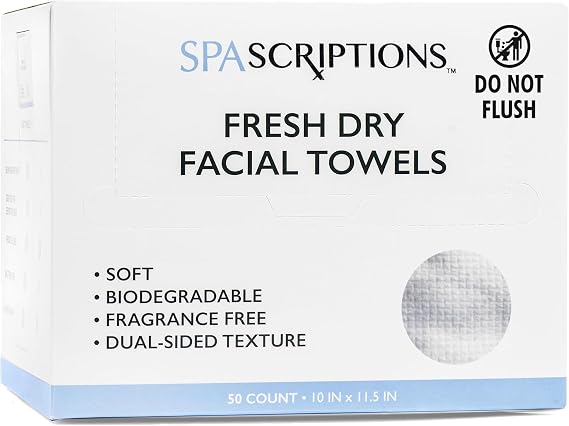 SpaScriptions Disposable Facial Towels Fresh Dry Face Towels for Sensitive Skin, Biodegradable, Fragrance Free, Dual Sided Texture for Gentle Cleansing with a Soothing & Refreshing Clean Feel, 50 CT