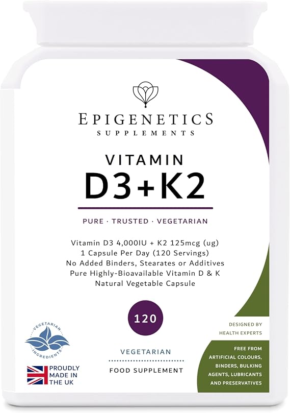 Vitamin D3 K2 Capsules | Additive-Free 4,000 IU Vitamin D & 125mcg VIT K MK7 | Long 4 Months Supply | 120 Vegetarian Friendly & Made in the UK by Epigenetics Supplements