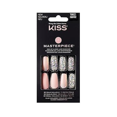 KISS Masterpiece One-Of-A-Kind Luxe Manicure, Premium Acrylic Fake Nails with Pink Gel Nail Glue, Manicure Stick, Mini Nail File, 30 Glue On Nails Including 12 Accent Nails