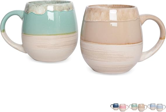 Bosmarlin Large Ceramic Coffee Mugs Set of 2, 21 Oz, Dishwasher and Microwave Safe, Big Oversized Cup with Handle for Wome/Men, Reactive Glaze (Green&Brown Grey)