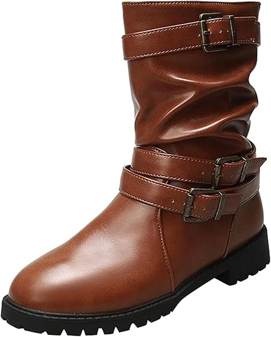 Ladmiple Boots For Women Ankle Booties Low Heel Side Zipper Mid Calf Winter Military Combat Motorcycle Riding Biker Boots