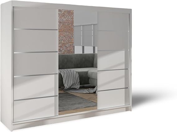 DELIN Sliding Doors Wardrobe with Mirror Furniture for Bedroom Living Room and Hall Wardrobe Organizer Width 100cm/120cm/150cm/180cm/200cm/WHITE/BLACK/OAK (White, 200cm)