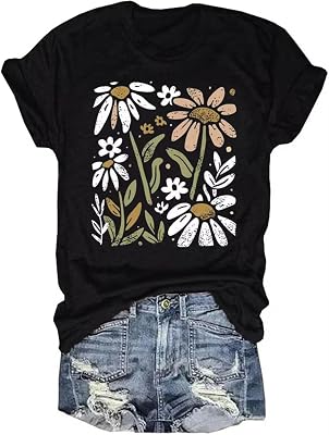 Vintage Floral T Shirt Women Boho Flowers Graphic Tees Shirts Cute Wildflowers Shirt Summer Casual Short Sleeve Tops