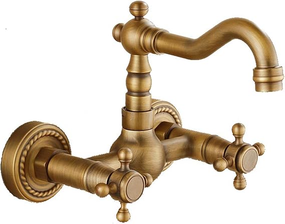 Wall Mounted Solid Brass Kitchen Mixer Tap Inspired Bathroom Sink Tap, Antique Brass Finish