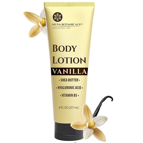 Nuva Botanicals Hydrating Vanilla Body Lotion - Moisturizing Cream - 8fl oz | Deeply Moisturizes Dry Skin with Hyaluronic Acid & Shea Butter - Non-Greasy Formula - Delivers a Warm Vanilla Aroma