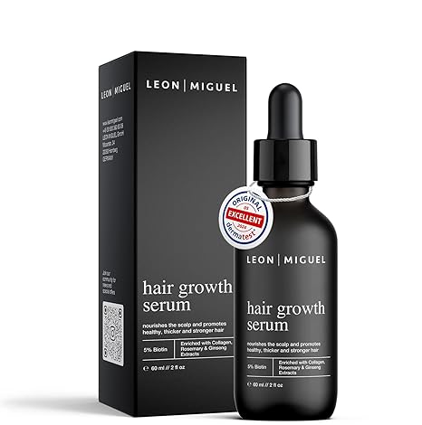 Leon Miguel Hair Growth Serum - Biotin 5% & Ginseng für schnelleres Haarwachstum - Stoppe Haarausfall Stärkeres & Dickeres Haar Anti-Haarausfall Serum für Männer & Frauen - Vegan Parabenfrei 60 ml