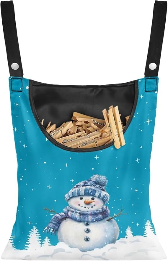 Snowman Clothespin Bag With Hanging Hook and Stretch for Outside Laundry Room and Clothesline Usage