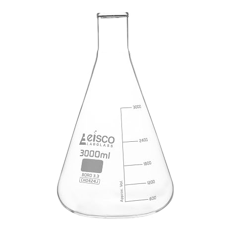 EISCO Erlenmeyer Flask, 3000ml - Borosilicate Glass - Narrow Neck, Conical Shape - White Graduations