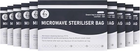 Microwave Steriliser Bags Large 10pcs Chemical-Free Steam Bags for Baby Bottles, Teethers & Accessories 20 Uses Each Marking System Included | Chemical-Free Steam, for Baby Bottles, Teethers & Accessories, 20 Uses Each, Marking System Included