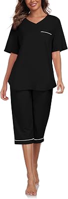 ANLIQI Womens 100% Cotton Pajama Sets Pjs Sleepwear for Women 2 piece Short Sleeve with Capri Pants Soft & Comfy Lounge Set
