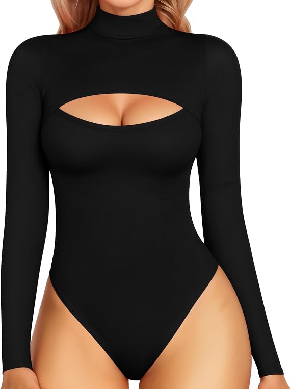 MANGOPOP Women's Mock Neck Cutout Front Bodysuit Long Sleeve Sleeveless Top