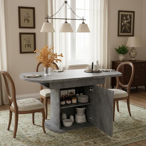 BTM Extendable Oval Dining Table, 110/130cm Space-Saving Multi-Functional Dining Table with Storage Function, Modern Minimalist Style, Cement Grey