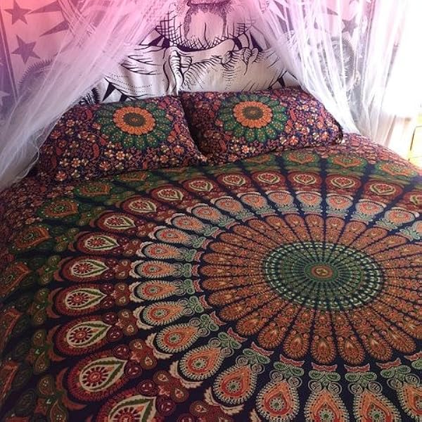 Traditional Jaipur インドのマンダラタペストリー、ボヘミアンウォールハンギング、コットンのベッドカバークイーン、自由奔放に生きるピクニック投げ、ヒッピービーチブランケット Indian Peacock Feather Mandala Throw Tapestry