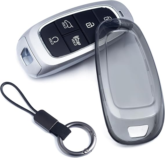 Car Key Fob Cover Case Keychain Ring Compatible with Hyundai Tucson Sonata Santa Fe Cruz Palisade IONIQ 5 Nexo (Black Transparent)