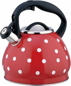 Red and White Polka Dot Whistling Tea Kettle, Vintage Teapot Stovetop Stainless Steel Whistle Induction Tea Kettle Water Boiling Pot for Kitchen Stovetop