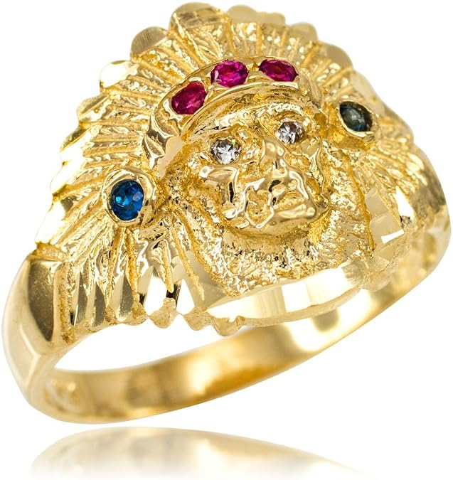 Men's Fine Jewelry Polished 14k Yellow Gold Indian Chief CZ Head Ring (Size 12.25)