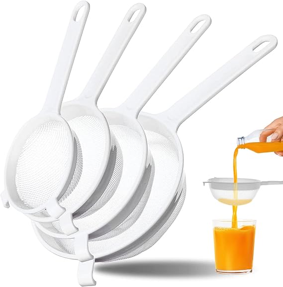 4 Pack Fine Mesh Nylon Strainers with Handle 3", 5", 6", 7" | Food Grade Kitchen Sieve Colander with Hanging Hooks Plastic Nylon Mesh Strainers for Yogurt Nut Milk Coffee Juice Kefir Tea