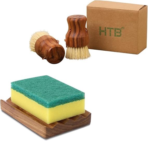 Teak Sponge Holder & Dish Scrub Brush by HTB