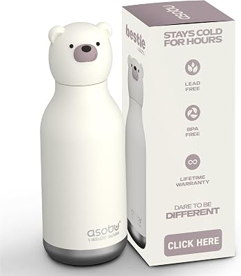 asobu Bestie Bottle Insulated Stainless Steel Water Bottle with Detachable Soft Animal Head Fun Drinking For Kids and Teens with Flexible Reusable Straw 16 Ounce Bear