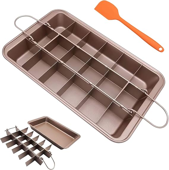 WSNB Brownie Pan, 18 Pre-Slicer Carbon Steel Baking Pans, Brownie Cutter, Brownie Tray with Oil Brush, Pre-Cut Square Molds for Oven Baking Cupcakes, Fudge & Chocolate 12 X 8 X 2 inches