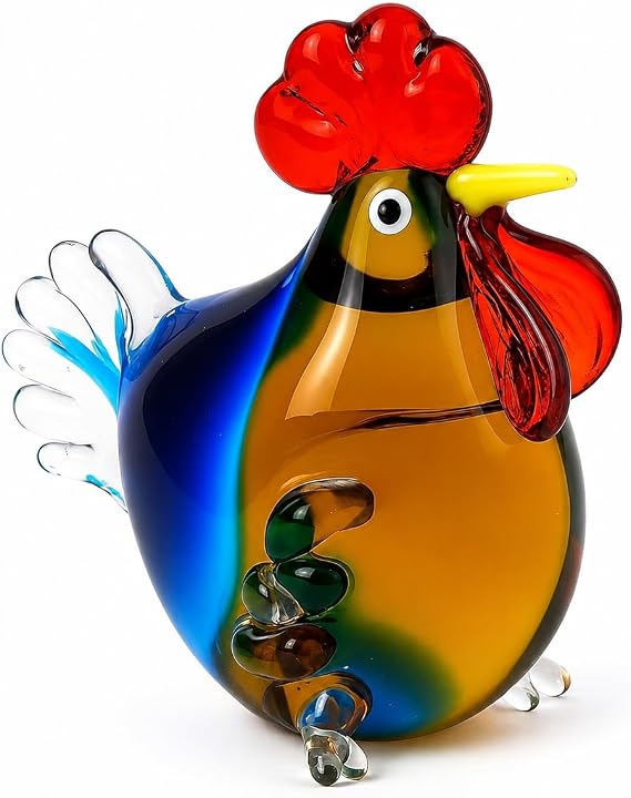 Hand Blown Glass Rooster Ornament 12cm Colourful Decorative Figurine