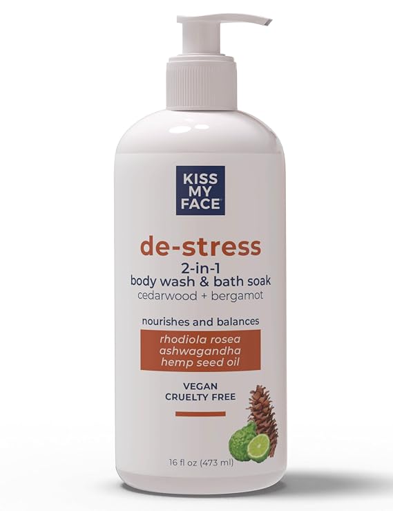 Kiss My Face De-Stress 2-in-1 Body Wash & Bath Soak Cedarwood + Bergamot - Vegan Body Wash - 16 oz Bottle with Pump (Cedarwoord & Bergamot, Pack of 1)