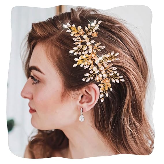 Evild Rhinestone Wedding Hair Comb Leaf Bead Bride Headpieces Hair Clip Crystal Bridal Headdress Flower Wedding Hair Accessories for Brides and Bridesmaids (Gold)