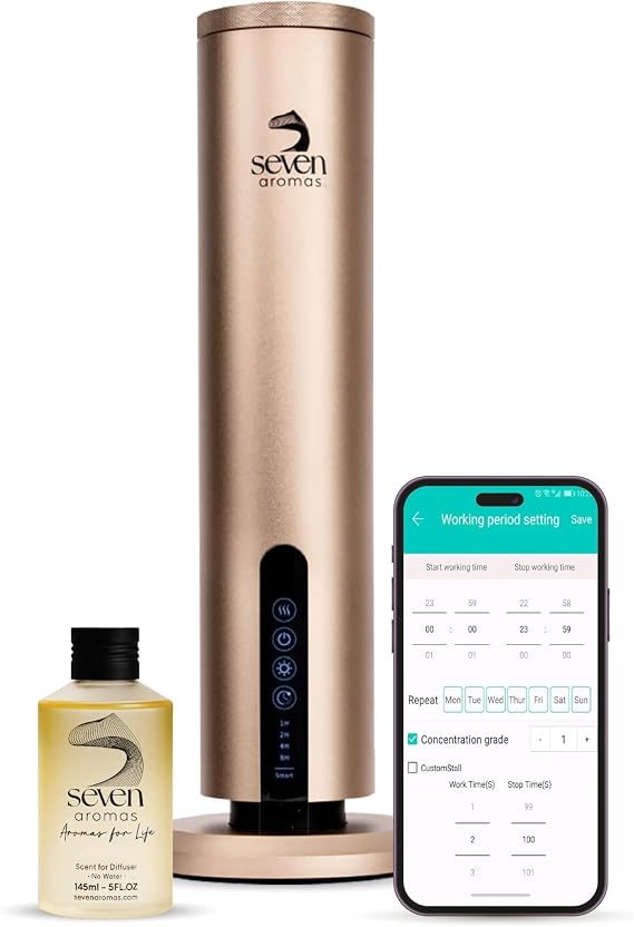 Smart Waterless Essential Oil Scent Machine with Hotel Hilton Soft Fragrance Oil Bluetooth Control Cold Air Aroma Diffuser Covers 1200 Sq Ft, Luxury Hotel Collection (Gold)