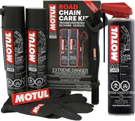 Motul Motorcycle Chain Care Bundle C1 Chain Cleaner (2-Pack) + C2 Chain Lube Kit w/Brush & Gloves Complete Road Motorcycle Maintenance Kit