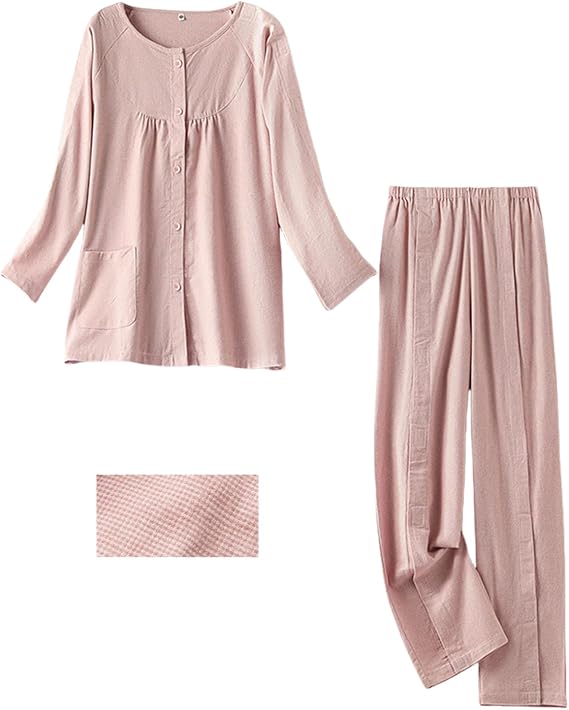 Aylashine Womens Bedridden Pajamas Set Bedridden Patient Clothing,Fully Open Design Brushed Cotton for Autumn and Winter Warm and Comfortable Pink (XL)