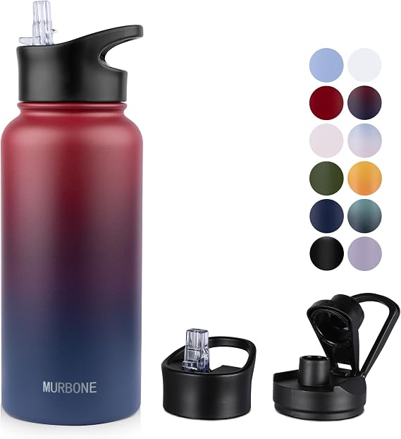 Insulated Water Bottle, 1L Stainless Steel Drink Flask with Straw, BPA Free, 2 Lids (Straw Lid and Spout Lid), Leakproof Double Walled Vacuum Water Bottle, Ruby Purple Gradient