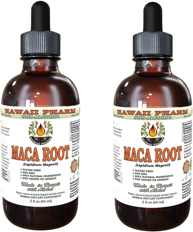Maca Root Alcohol-Free Liquid Extract, Organic Maca Lepidium Meyenii Whole Dried Plant Glycerite Natural Herbal Supplement, Hawaii Pharm, USA 2x2 oz