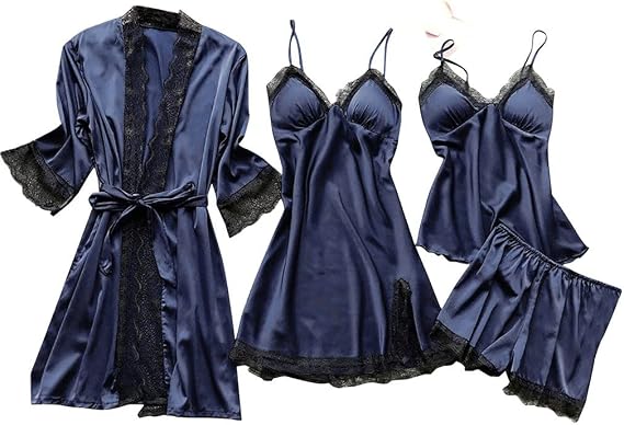 BOXIACEY Women's Silk Nightgown 4 Pieces Set Lace Satin Lingerie Robe Pajama Sexy Cami Shorts Satin Sleepwear Nightwear