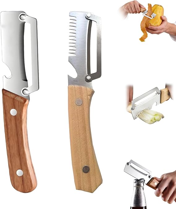 Vegetable Peeler Multifunctional, Potato Peeler (Sbucciare + Tagliare A Julienne) 2Pc, Stainless Steel Peeler with A Wooden Handle, Peeler Opener for Kitchen, Camping & Home Use (C)
