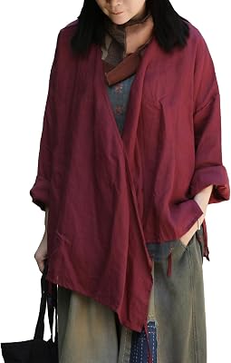 Womens Ramie Wrap Kimono Cardigan Long Sleeve V Neck Vintage Hanfu CostumeTraditional Asian Style Shirt Top
