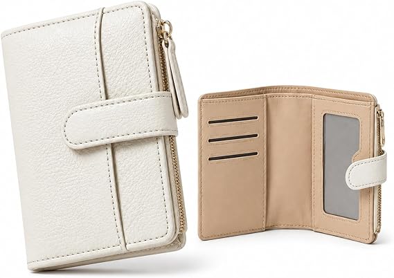 Women's Small Leather Purse, Compact Wallet with ID Window, 6 Card Slots & Zipper Coin Pocket Everyday Soft Leather Handbag for Women (White)