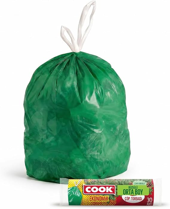 Cook Eko Büzgülü Çöp Torbası, Orta Boy, 55 x 57 cm, 30 Yaprak, Çam Kokulu, Yeşil