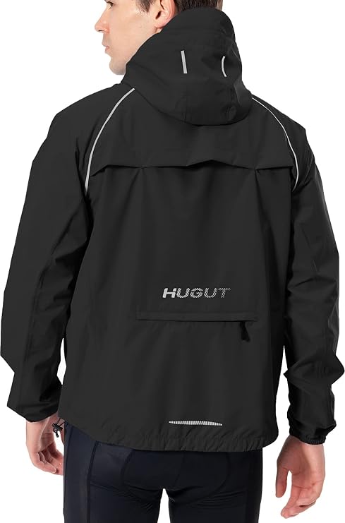 Hugut Men's Cycling Running Rain Jacket Lightweight Waterproof Biking Hiking Windbreaker Raincoat Reflective Packable
