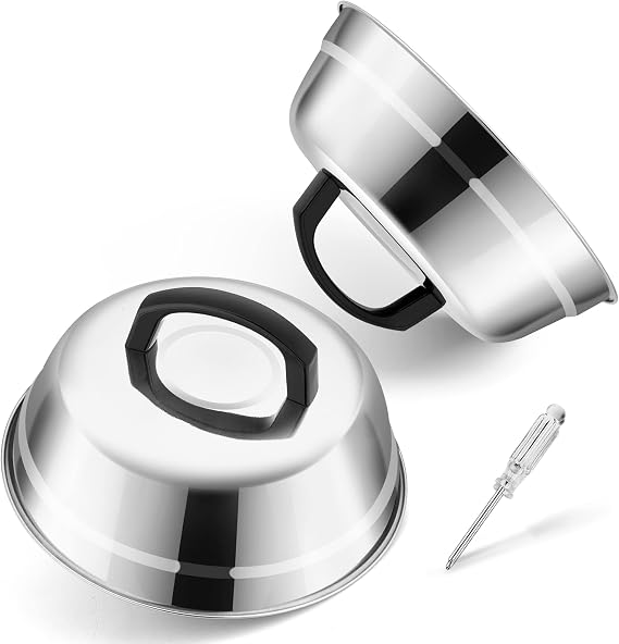 Joyfair 9 Inch Stainless Steel Cheese Melting Dome Burger Cover, 2 Pack | Basting Cover for Griddle Grilling/Outdoor Camping/Flat Top Teppanyaki, Heat-Proof Handle & Dishwasher Safe