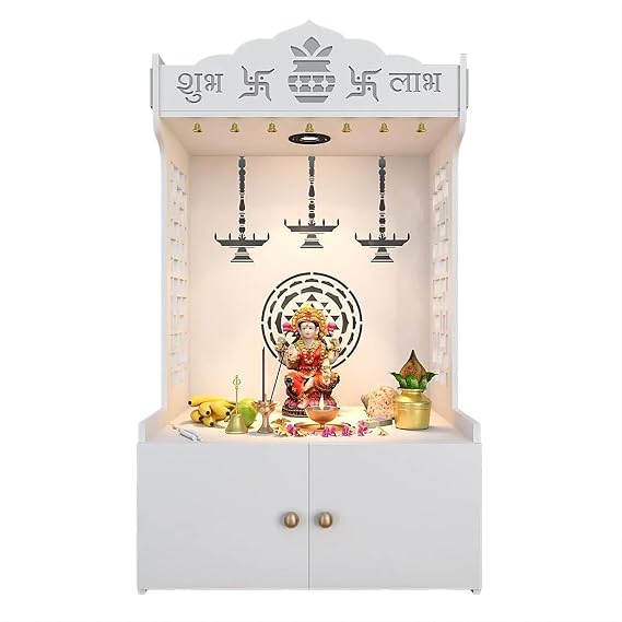 Divine Wooden Mandir for Home Pooja Hindu Temple Wall Cabinet with LED Lights Ganesh, Krishna, Om Decor Large Indian Wooden Puja Furniture with Doors - White Finish