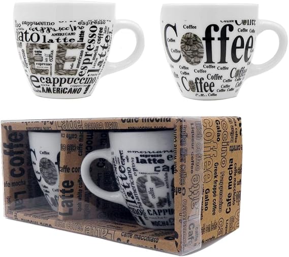 Espresso Coffee Mug Set of 2 Coffee mugs (2.5 Ounce) Ceramic cup set with distinctive assorted Coffee vintage phrases, in exclusive Boxed gift set