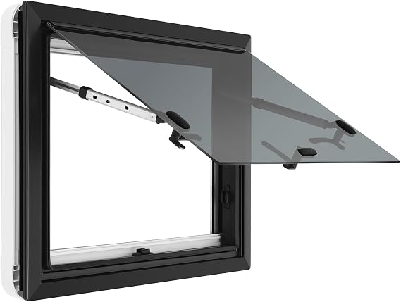Campervan Window, RV Push Out Window with Mesh Screen for Caravan Motorhome, Tilt Hinged Ventilation Windows for Camper Van Trailer, Black Tempered Glass, Privacy Secure, Easy Fit for 30-80mm Walls