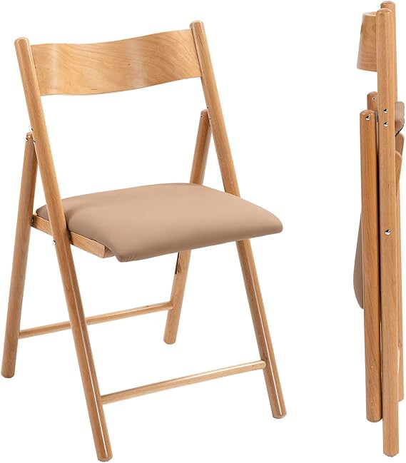Folding Chairs Set of 2, Wooden Foldable Dining Chairs with Faux Leather Cushion 2-Pack Portable and Stackable Chairs for Dining Kitchen Office Wedding Picnic(Khaki,2Pack)