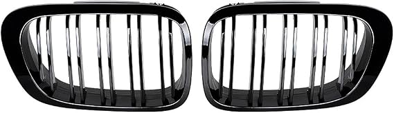 Compatible with 1999-2002 E46 3 series Coupe Cabriolet Pre-facelift (Dual Slats) 2pcs LH RH Glossy Black Front Hood Upper Kidney Grille Grill