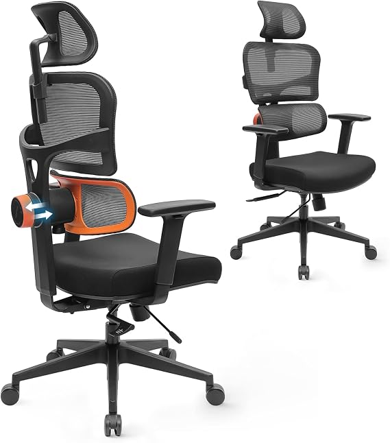 Ergonomic High Back Office Chair | Mesh Computer Desk Chairs with Adaptive Lumbar Support | Adjustable Arms Headrest Backrest | Tilt Function 3D Armrest Recliner for Home Office