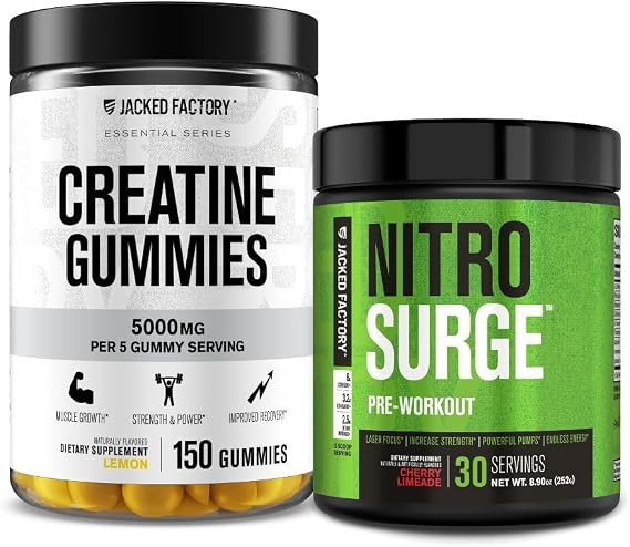 Jacked Factory Creatine Monohydrate Gummies (150 Gummies, Lemon) & Nitrosurge Pre Workout Supplement (30 Servings, Cherry Limeade)