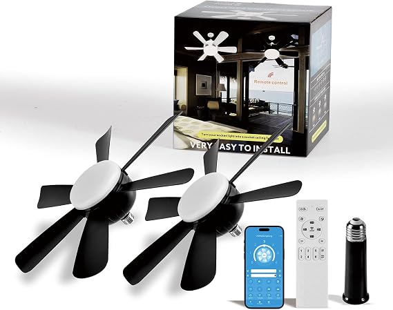Socket Fan LED Ceiling Lights,18inch APP Control E26 Fans Bulb with Remote & Dimmable LED Ceiling Fan Lights,3Color 3000K-6500K (Black-2Pack)