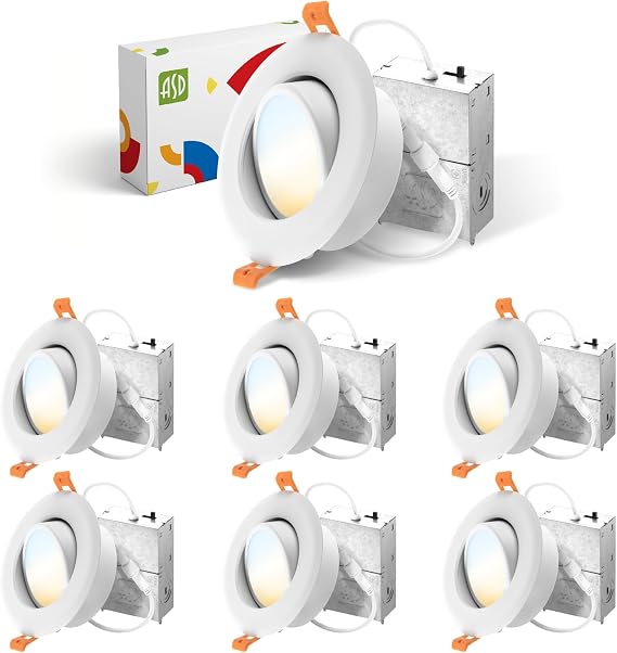 ASD 6 Pack 4 Inch Gimbal LED Recessed Lighting with Junction Box, 12W 842LM Airtight Dimmable Directional Downlight, 2700K-5000K Adjustable Eyeball Swivel Canless Ceiling Light, UL Listed, White