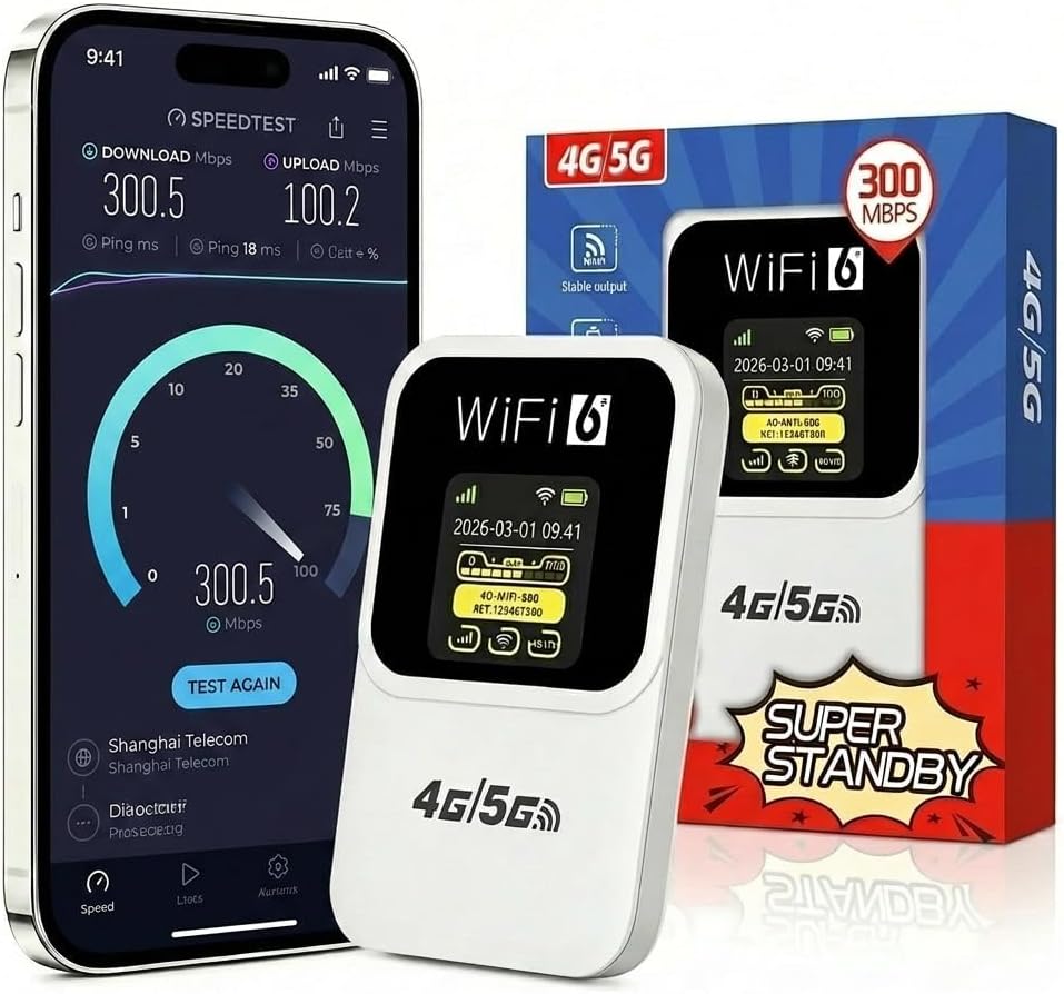 5G Portable WiFi Router, Wi-Fi 6 Pocket Hotspot, 300Mbps Ultra-Fast Mobile Internet, Supports 32 Devices, Perfect For Travel, Remote Work & Caravan Use s